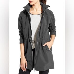 ATHLETA Misty Hooded Water Resistant Rain Jacket Coat Green Grey XS Athleisure